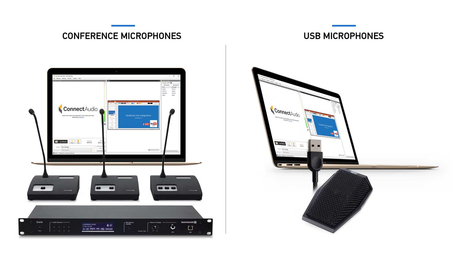 Two screens side-by-side with different microphone systems demonstrating Public-i audio webcasting software