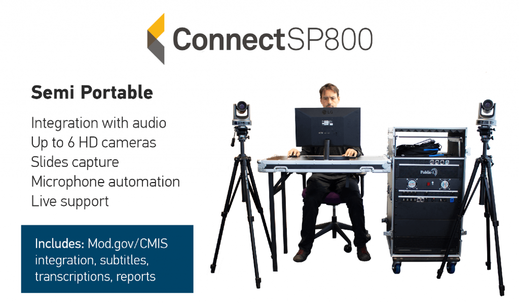 Connect SF800 is our semi-portable kit. It comes with: Integration with audio, up to 6 HD cameras, slides capture, microphone automation and live support.