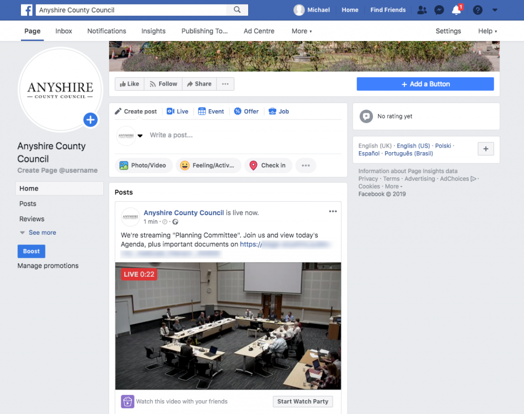 Example of a meeting being streamed live on Facebook to increase engagement of your webcasts