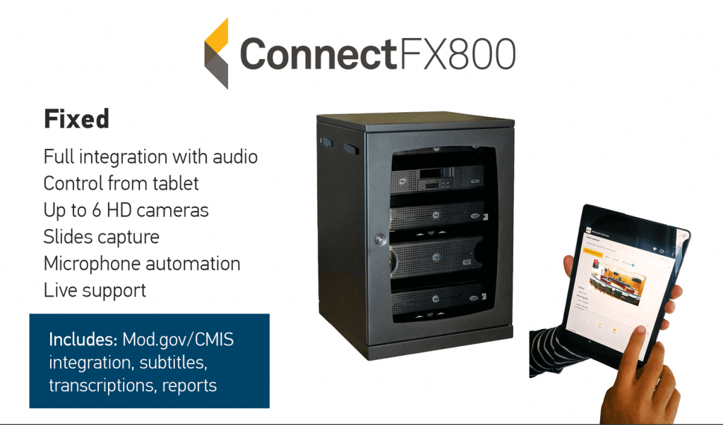 Connect-FX800 is our fixed, more powerful solution. Has all functionalities and features: Fully integration with audio, control from tablet, Up to 6 HD cameras, slides capture and live suport.