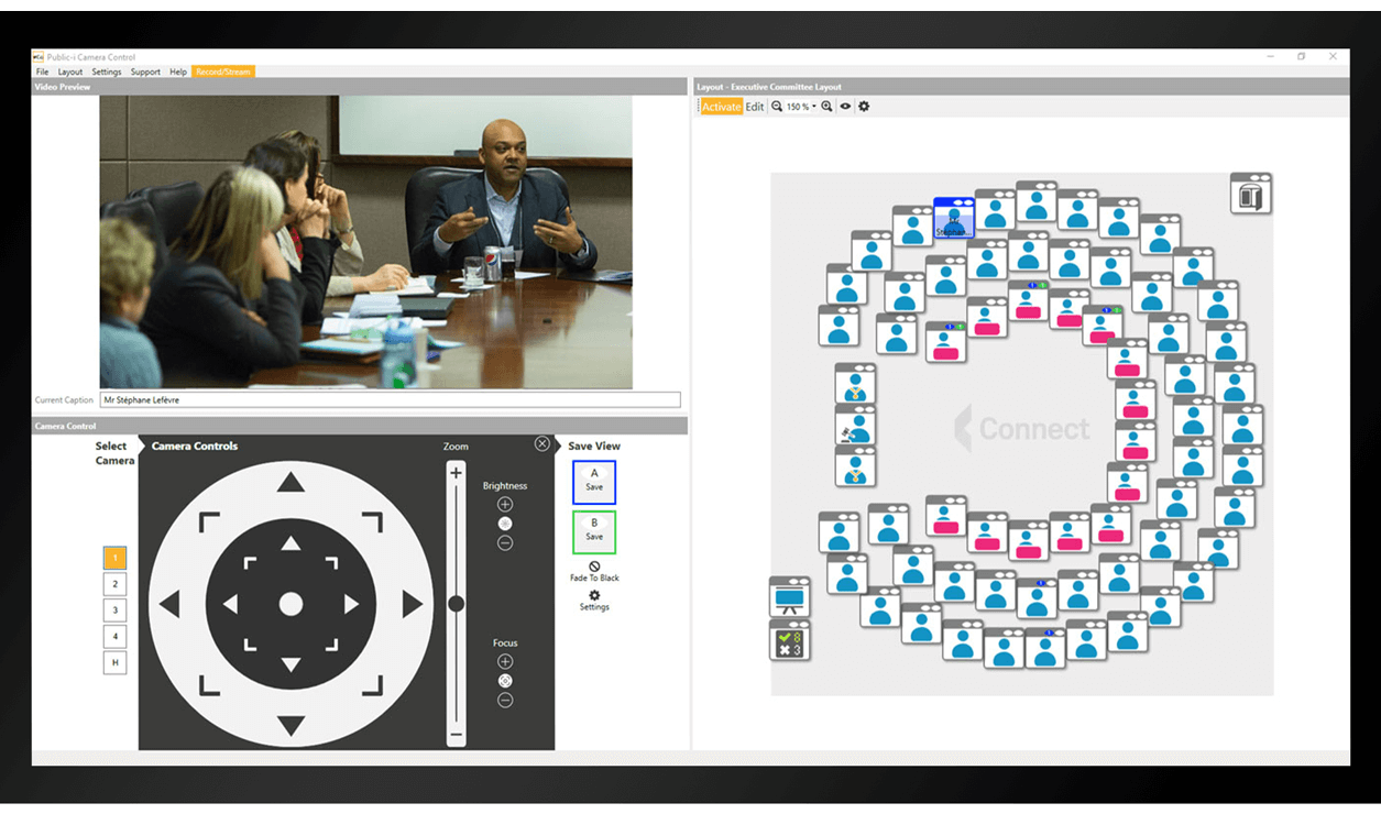 CameraControl screenshot showing Creston integration for meeting room layout and camera control