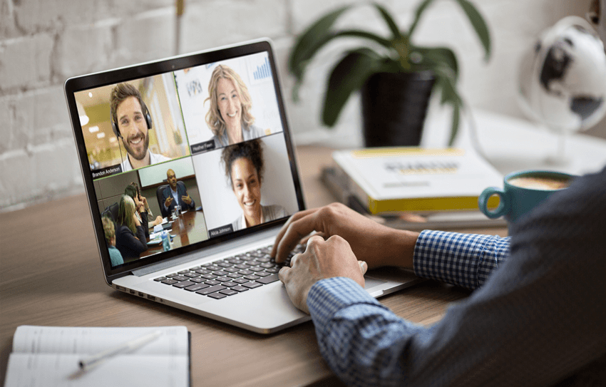 Person holding a remote meeting at home