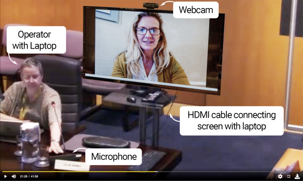 Chamber room view of operator managing remote participant seen on screen connected to laptop with an HDMI cable with a spare microphone for audio.
