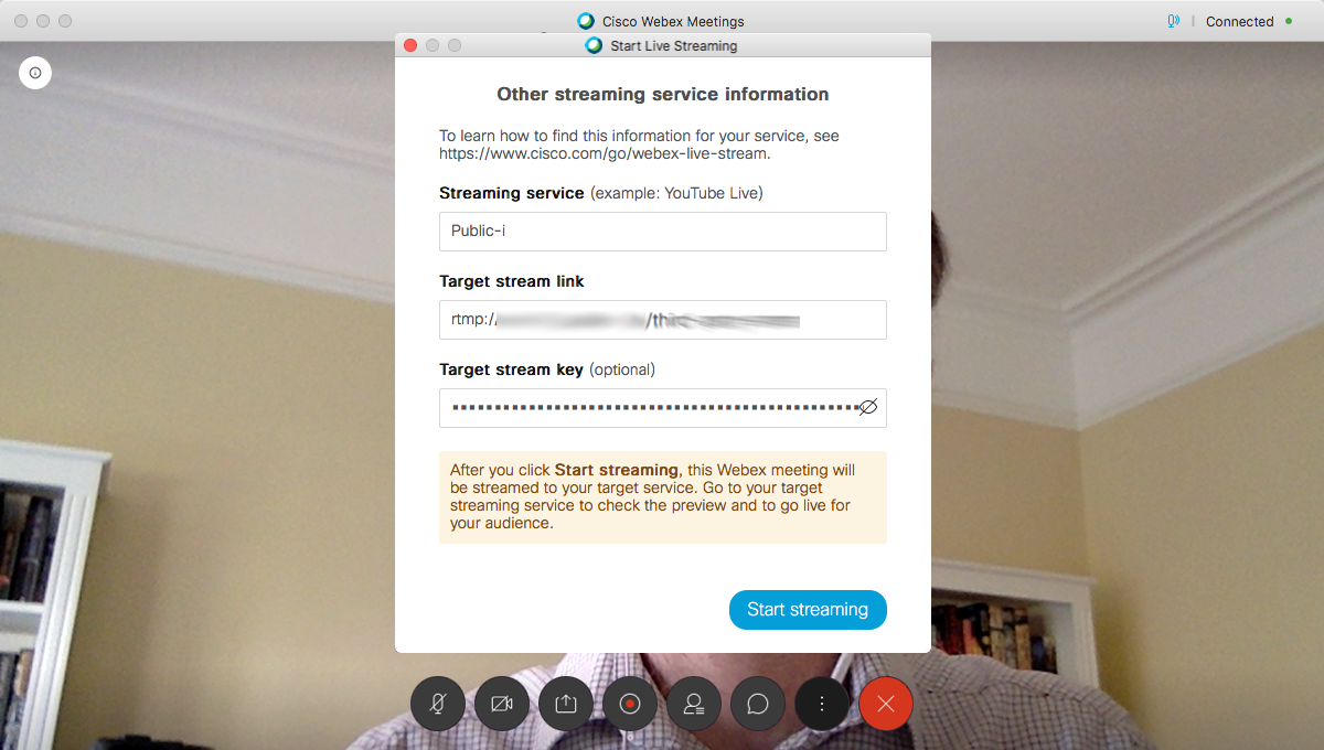 webex live streaming key