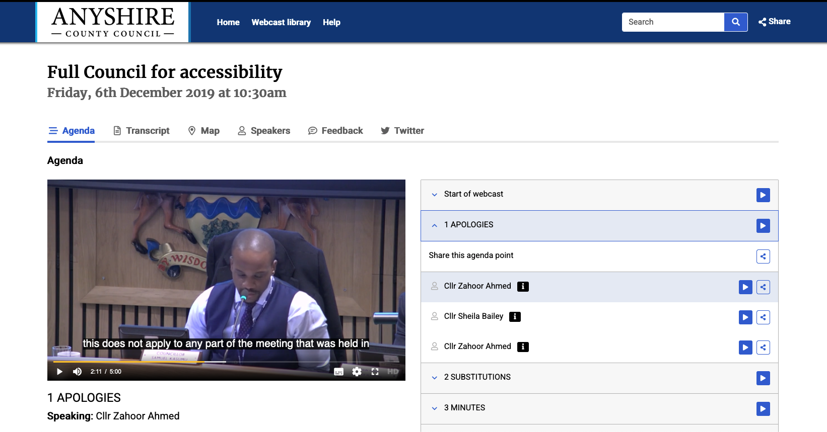 Webcast website with transcript, subtitles, agenda points, speakes, documents and presentations, feedback form,...