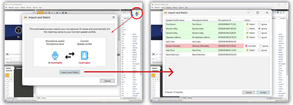 Import microphone id and name and automatically match with saved speaker profile