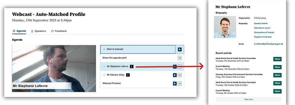 When the mic ID is used, it will be automatically detected and the name of the speaker and their profile will be shown on the webcast.
